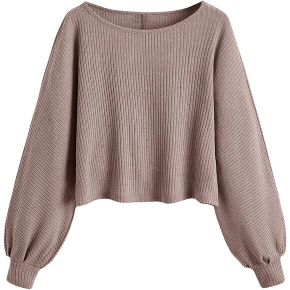 Sweaters - Crewneck Raglan Long Sleeve Ribbed Knit Crop Top Cropped Sweater Mocha Brown